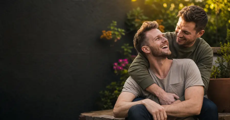 Gay & Lesbies, Vlam se Afrikaanse kletskamer vir gay en lesbiese mense: twee mans lag saam in ’n tuin